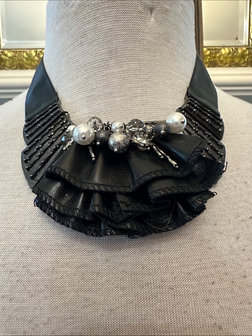Unique Black Leather Necklace With Pearl, Metal & Crystal Accents